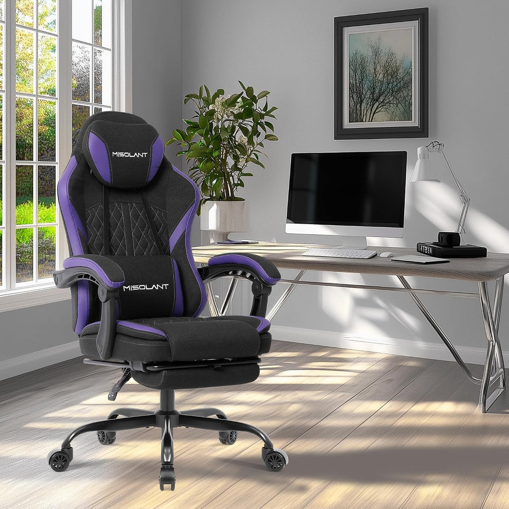 Misolant Gaming Chair, Fabric Gamer Chair with footrest for Adults, High Back Ergonomic Computer Game Chair with Adjustable Headrest and Massage Lumbar Support, 90-155° Recline Free, Purple