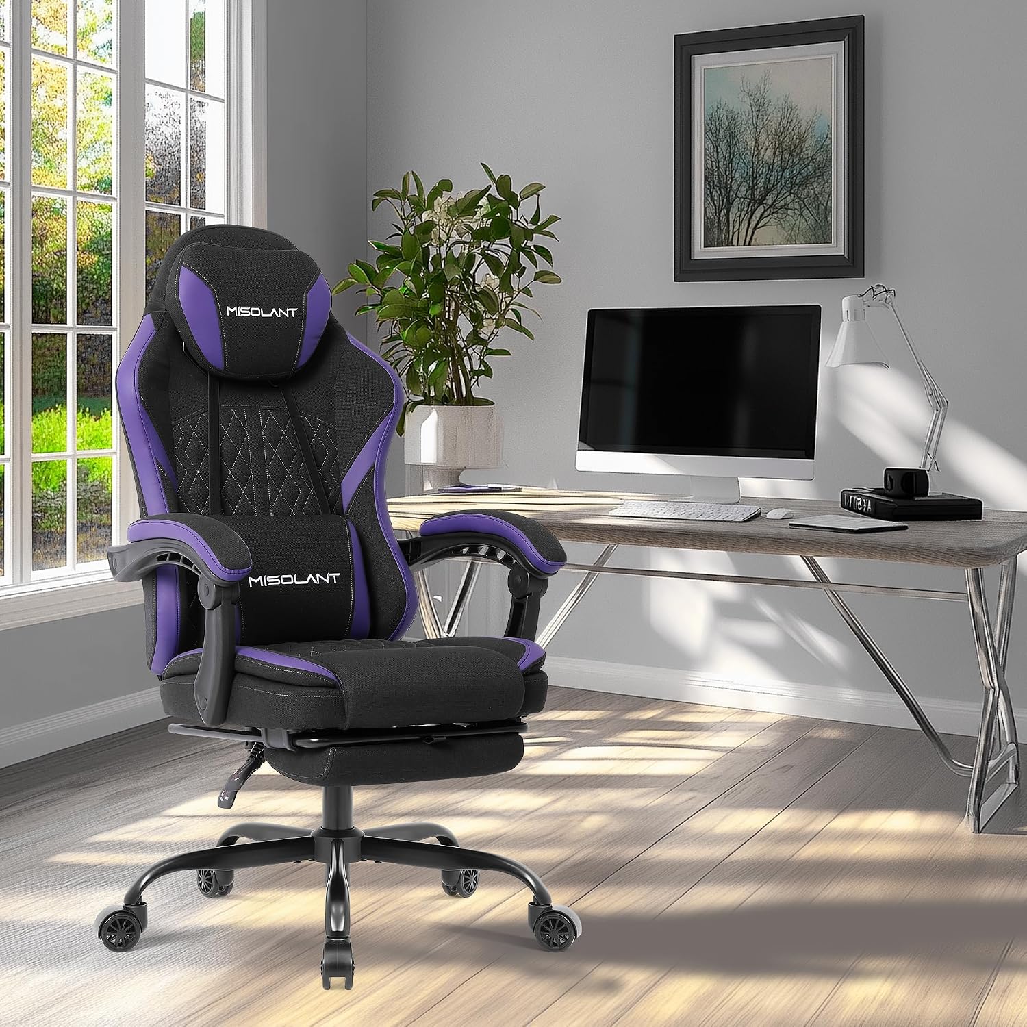 Misolant Gaming Chair, Fabric Gamer Chair with footrest for Adults, High Back Ergonomic Computer Game Chair with Adjustable Headrest and Massage Lumbar Support, 90-155° Recline Free, Purple