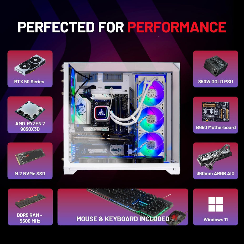 Skytech Gaming O11 Vision Gaming PC, AMD Ryzen 7 9850X3D 4.7GHz, NVIDIA RTX 5070 Ti 16GB VRAM, 2TB Gen4 NVMe SSD, 32GB DDR5 RAM 5600, 850W Gold ATX 3 PSU, 360 ARGB AIO, WI-FI 5, Windows 11, Desktop