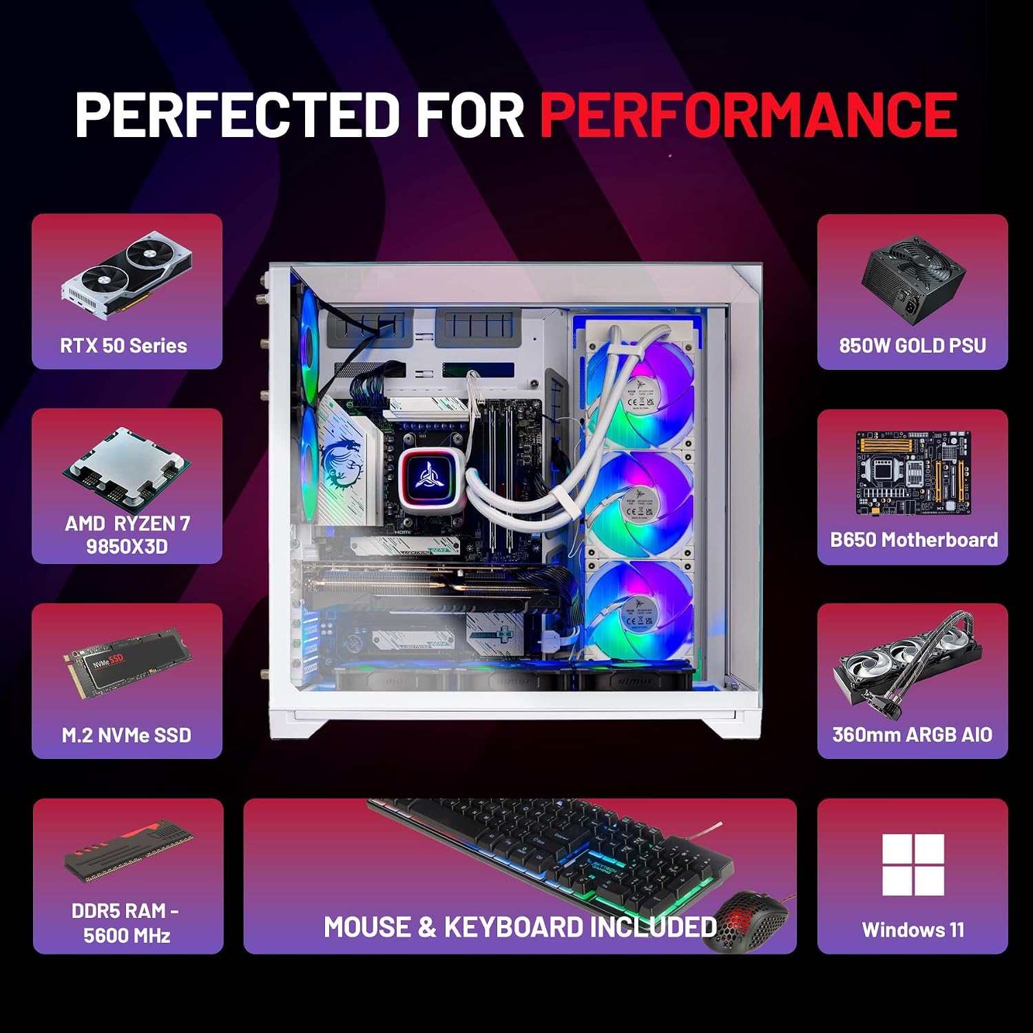 Skytech Gaming O11 Vision Gaming PC, AMD Ryzen 7 9850X3D 4.7GHz, NVIDIA RTX 5070 Ti 16GB VRAM, 2TB Gen4 NVMe SSD, 32GB DDR5 RAM 5600, 850W Gold ATX 3 PSU, 360 ARGB AIO, WI-FI 5, Windows 11, Desktop