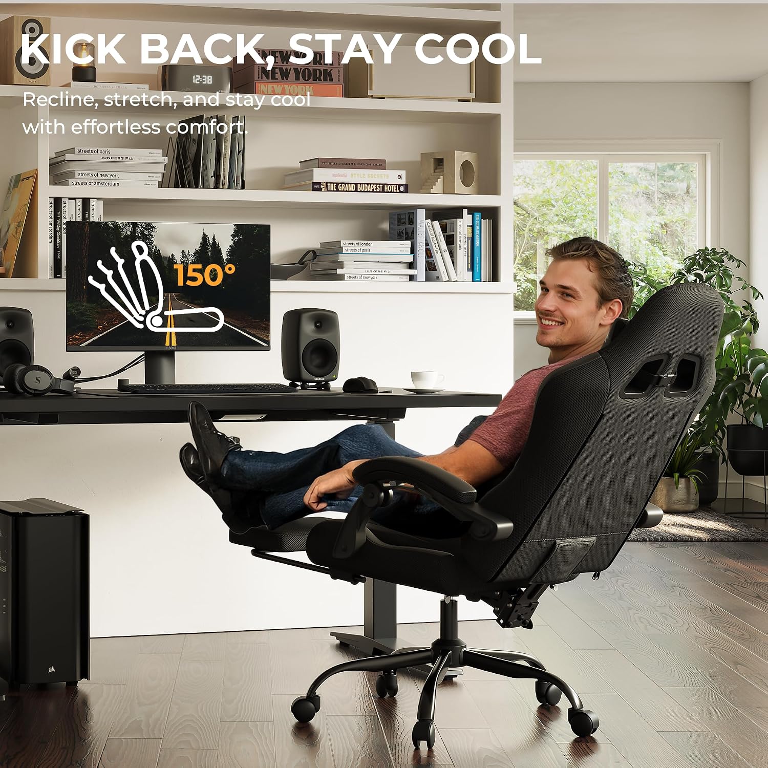 Gaming Chair with Footrest, Ergonomic 330lbs Leather Mesh Chair, Massage Lumbar Support, Adjustable Height & Headrest Pillow, Breathable Seat for Office, Home, Streaming, Long Gaming Sessions, Black