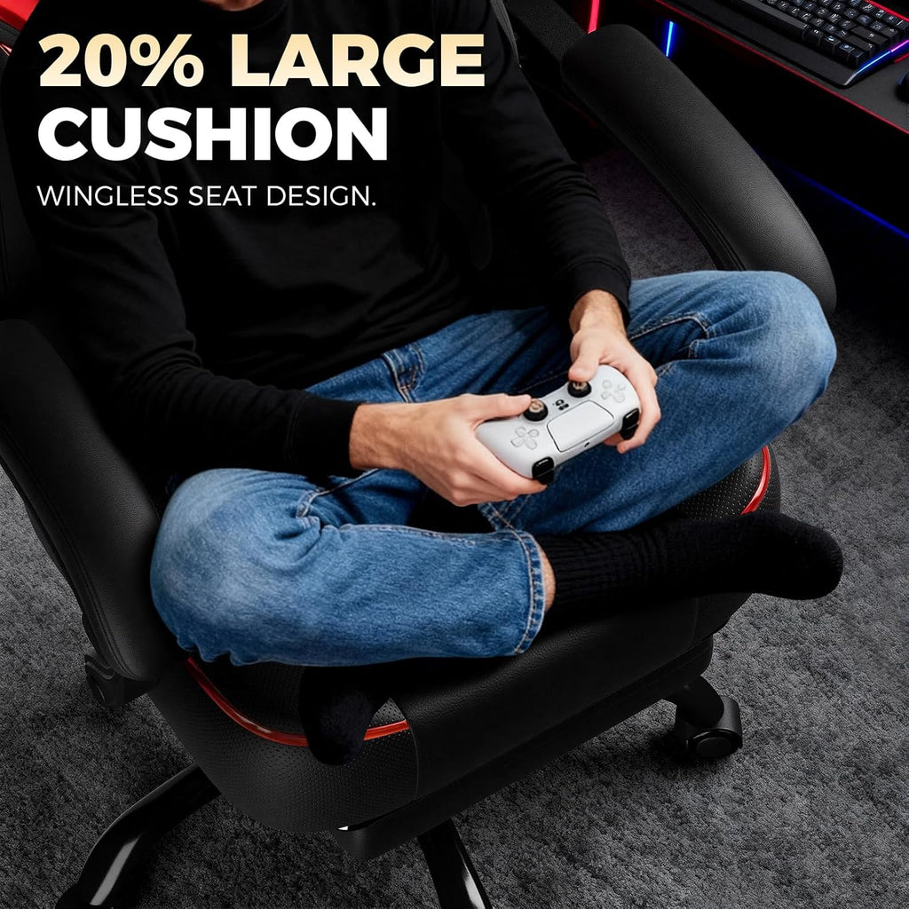 GTPLAYER Big and Tall Gaming Chair for Adults, Ergonomic Office Chair with Footrest, Heavy Duty 350 lbs Capacity, High Back, Premium Leather & Iridescent Trim, ACE-Armor, Black & Red