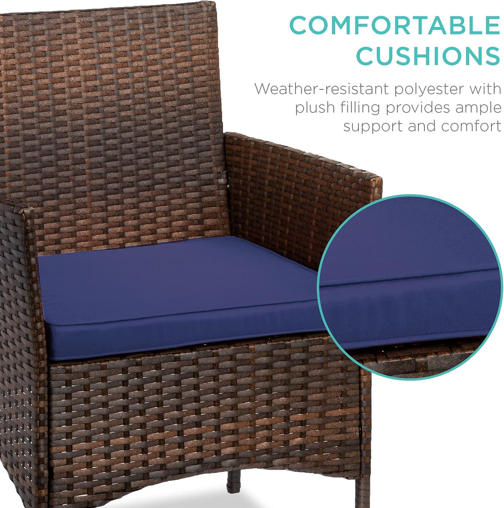 Best Choice Products 3-Piece Outdoor Wicker Conversation Bistro Set, Space Saving Patio Furniture for Garden w/Side Table - Brown/Navy