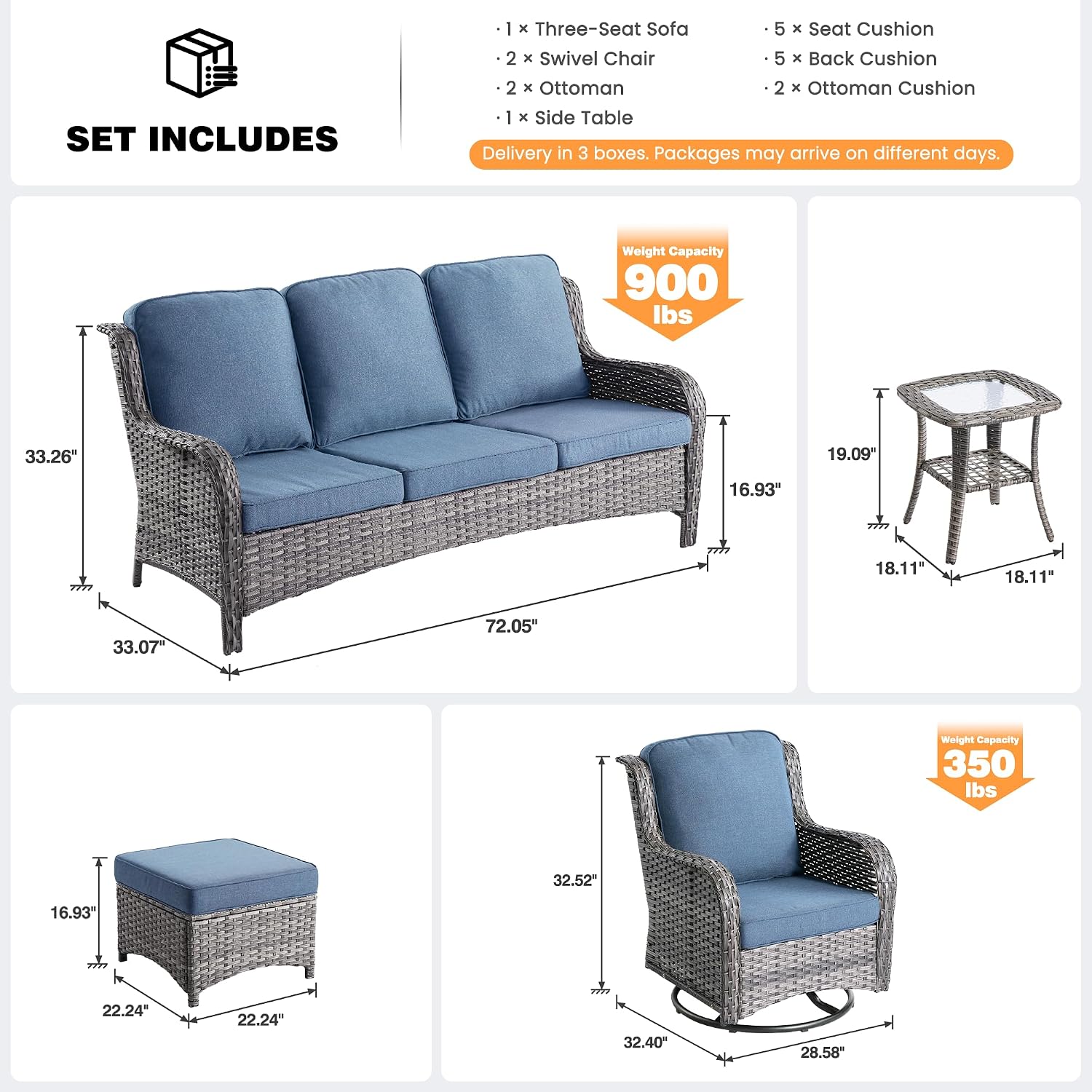 ovios 6-Piece Patio Furniture Set with Swivel Chairs Side Table, Outdoor Wicker Sofa with Comfy Cushions, High Back Couch Modern Conversation Sets, Grey/Denim Blue