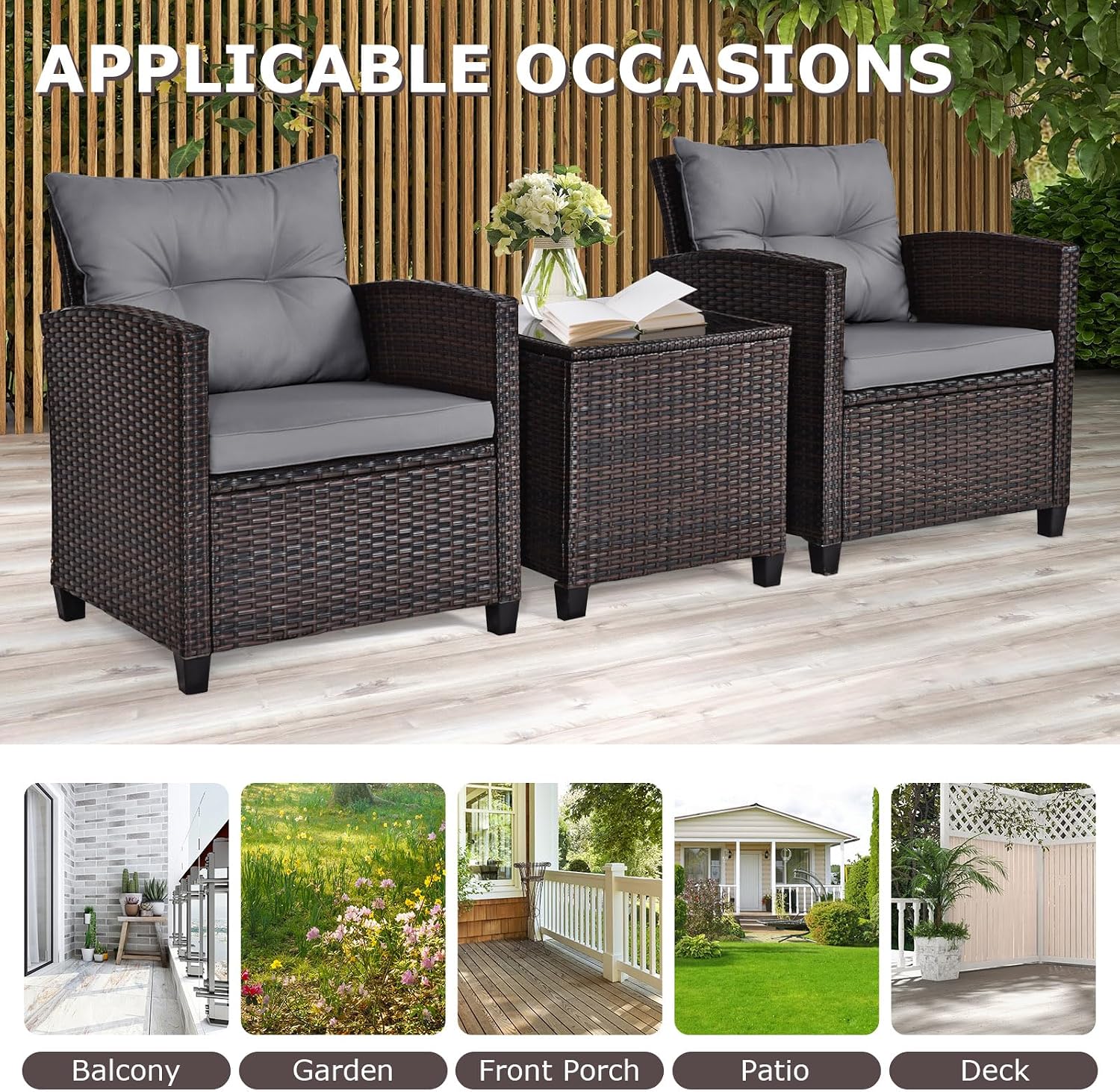 ORALNER 3 Pieces Patio Furniture Set, Outdoor Wicker Conversation Set Rattan Chairs with Cushions, Glass Coffee Table, Bistro Set for Front Porch Balcony Garden Deck Poolside (Grey)