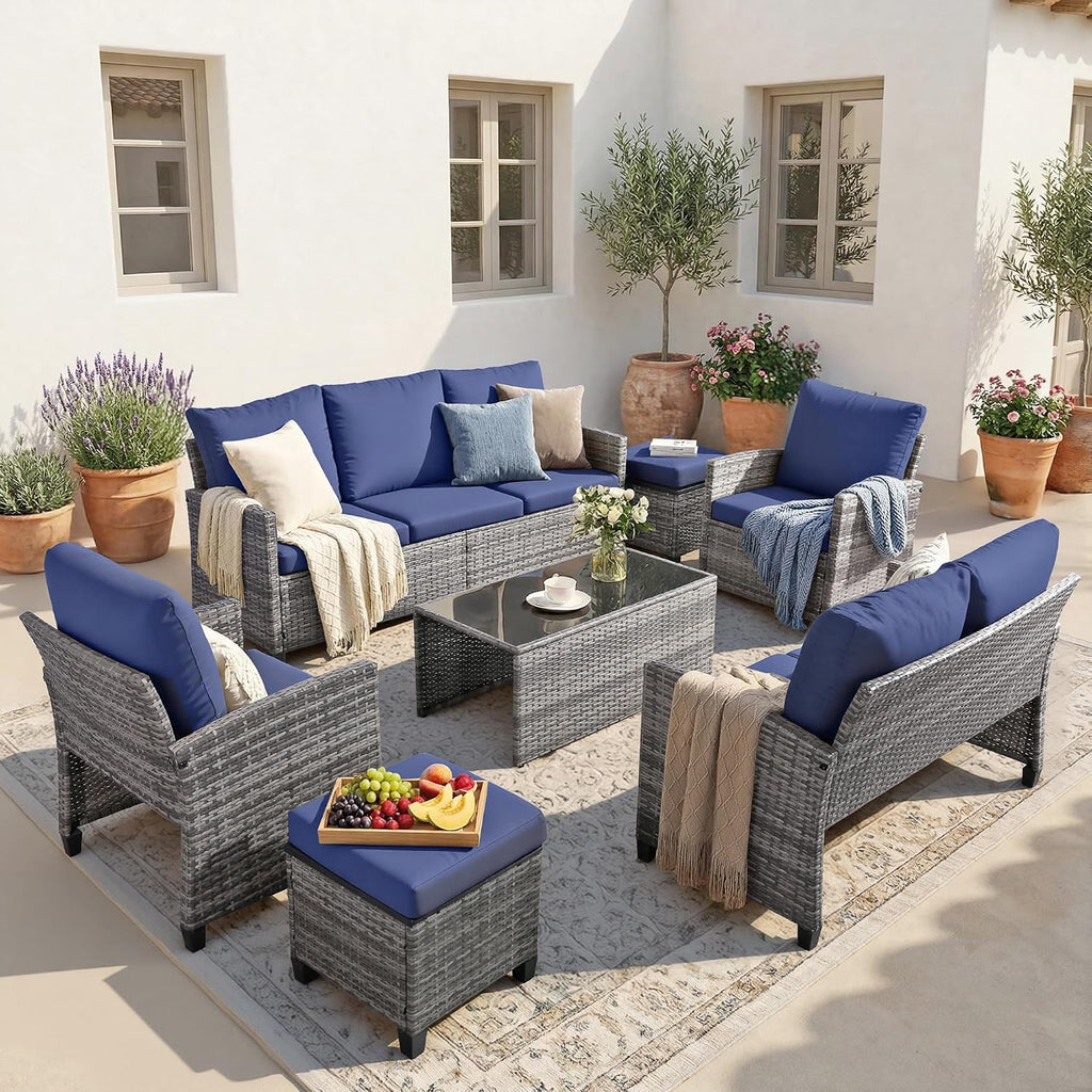 FHFO 7 Piece Patio Furniture Set, Outdoor Sectional Furniture Wicker Conversation Sofa Set, Includes 3-Seater Sofa, Loveseat, Single Sofa, Tempered Glass Coffee Table, Ottoman (Grey/Blue)