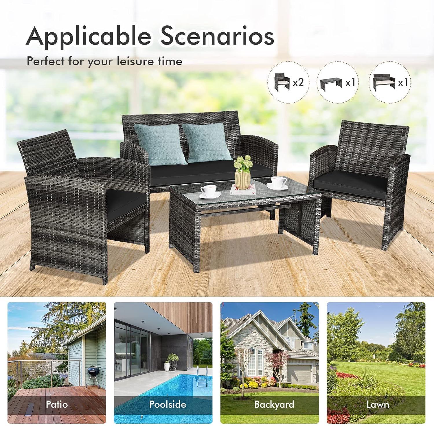 Goplus 4-Piece Rattan Patio Furniture Set, Outdoor Wicker Conversation Sofa with Weather Resistant Cushions and Tempered Glass Tabletop for Lawn Backyard Pool Garden (Black)