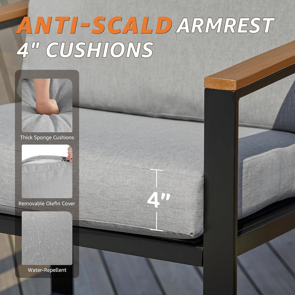 NATURAL EXPRESSIONS 4 Pieces Patio Furniture Sets,Outdoor Metal Sectional Furniture Modern Patio Conversation Set,Fauxwood Anti-Scald Armrest,Sling Mesh,Tempered-Glass Table,4' Olefin Cushions