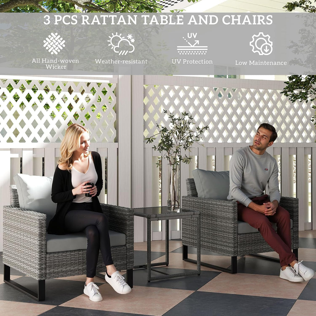 Outsunny 3 Pieces Patio Furniture Set, Wicker Conversation Bistro Set with 4 Soft Cushions, Rattan Chairs and Glass Coffee Table for Backyard, Porch, Poolside, Balcony, Gray