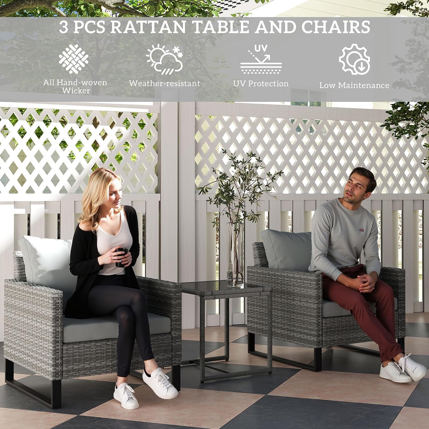 Outsunny 3 Pieces Patio Furniture Set, Wicker Conversation Bistro Set with 4 Soft Cushions, Rattan Chairs and Glass Coffee Table for Backyard, Porch, Poolside, Balcony, Gray
