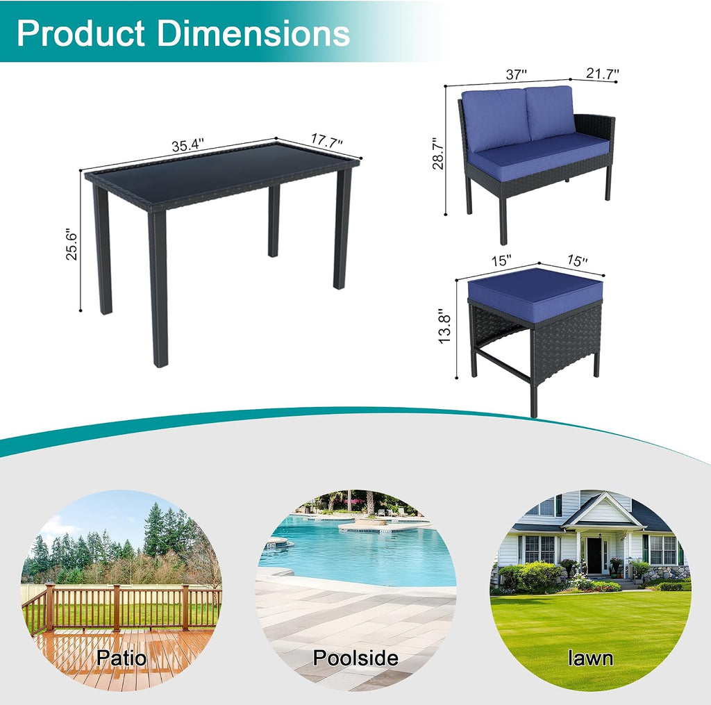 7-Piece Patio Furniture Set, Outdoor Couch with Dining Table & Ottomans, PE Rattan Sofa Set with Cushions for Deck, Yard, Poolside (Blue)