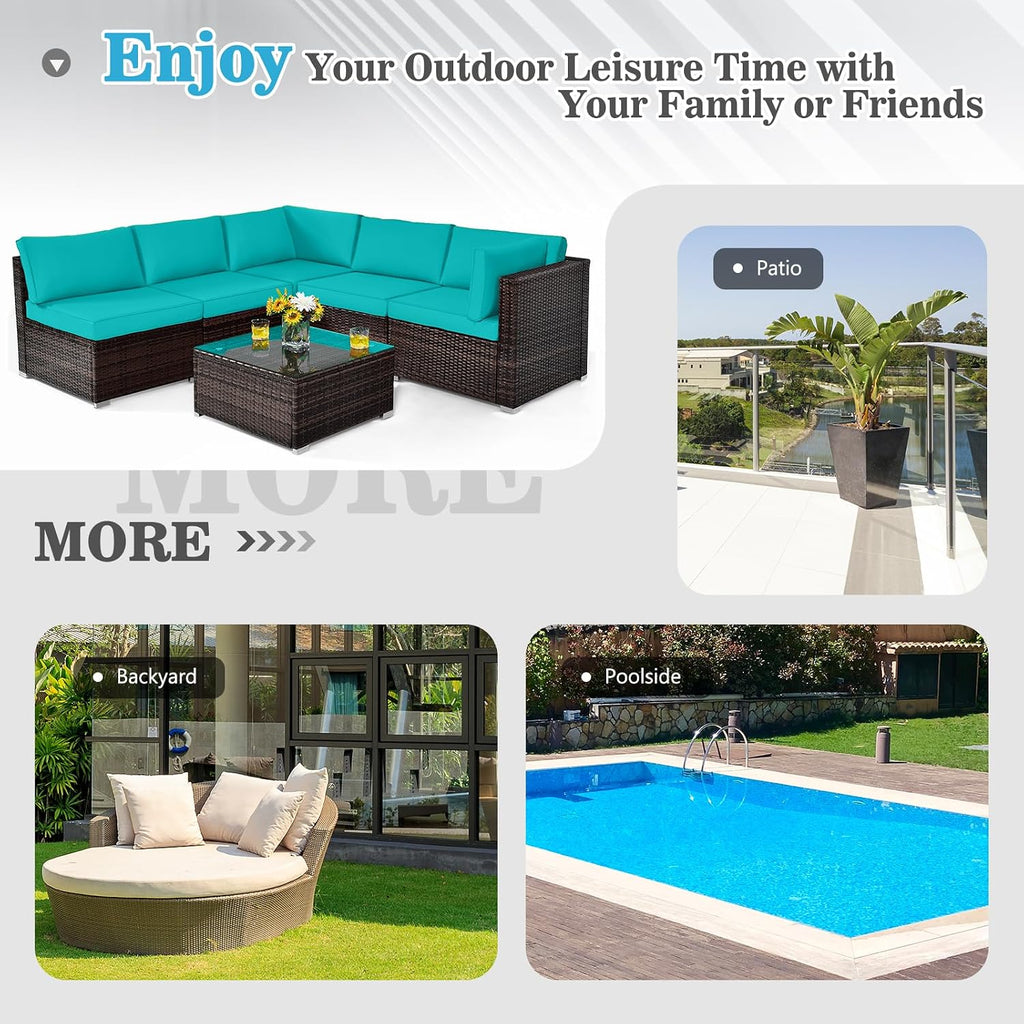 COSTWAY 6-Piece Outdoor Patio Furniture Set, Rattan Sectional Sofa Set with Tempered Glass Coffee Table and Cushions for Garden, Deck, Backyard (Turquoise)