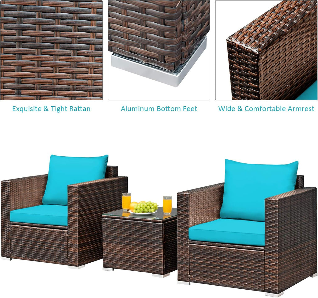 Tangkula 3 Pieces Patio Furniture Set, Outdoor Conversation Rattan Furniture Set w/Washable Cushion and Tempered Glass Tabletop, PE Rattan Wicker Sofa Set for Garden Poolside Balcony