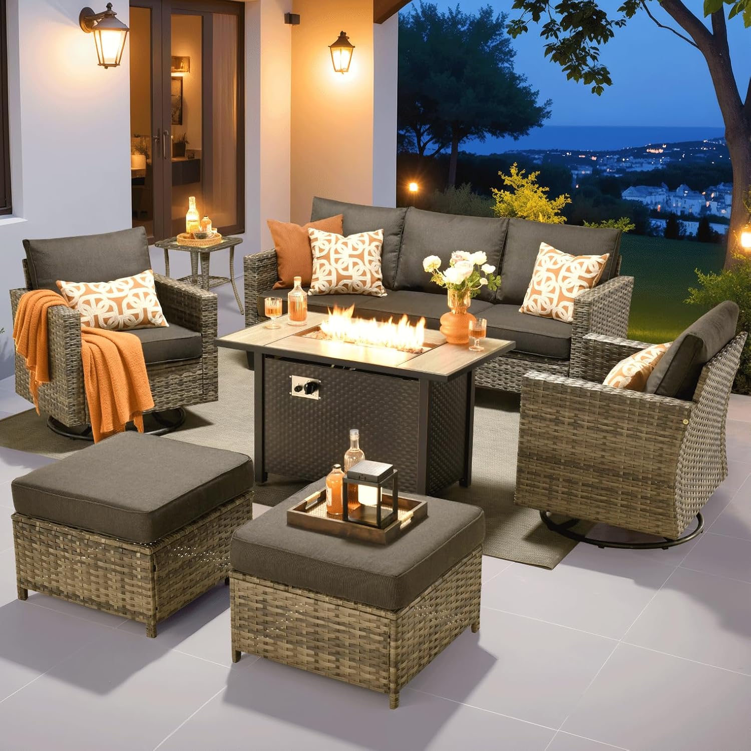 ovios 7 Pieces Patio Furniture Set with 42' Fire Pit Table, Outdoor Wicker Sofa with Swivel Chairs, All Weather High Back Rattan Couch Conversation Set, Black