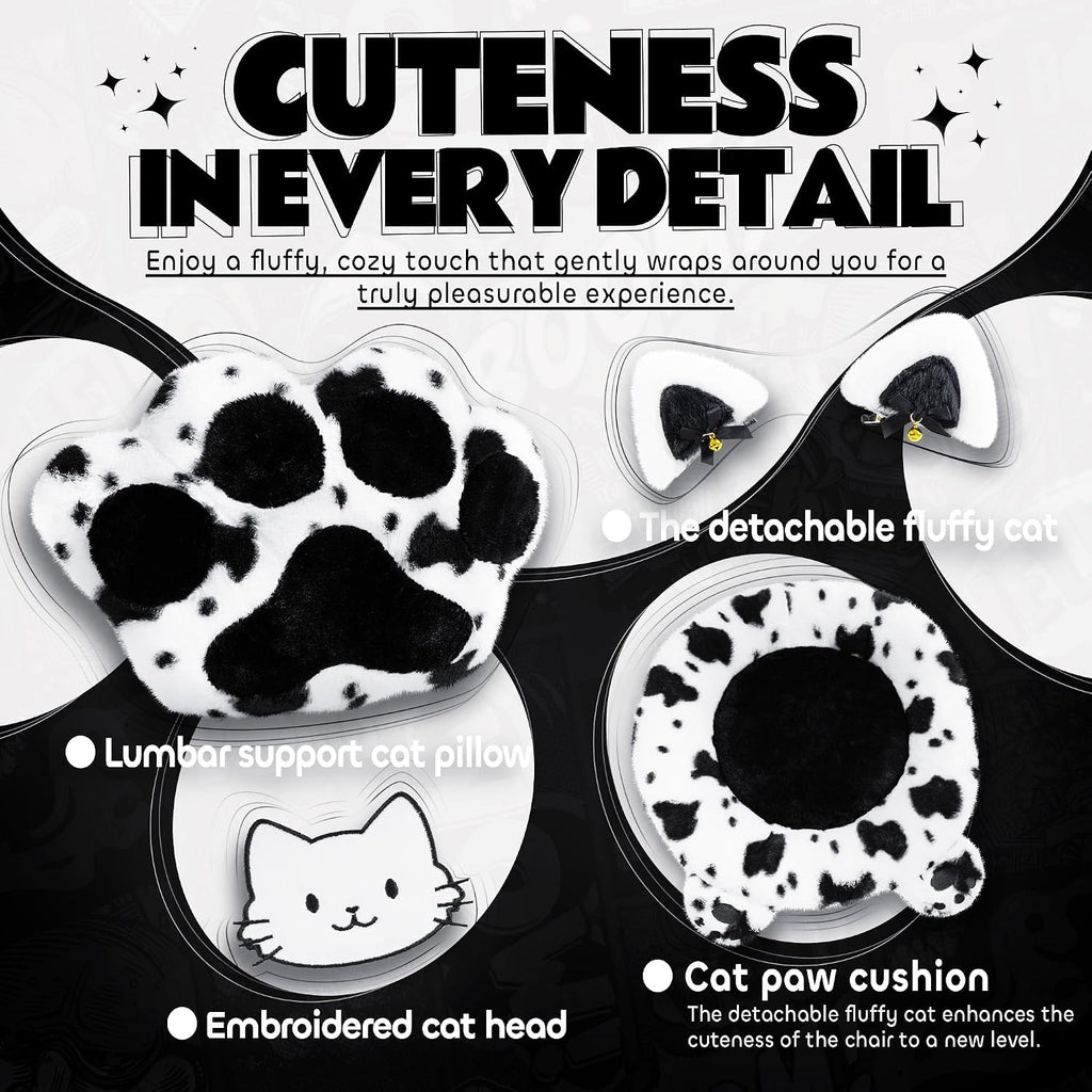 Gaming Chair Cute with Cat Ears Paw Lumbar and Cushion,Ergonomic Computer Chair with Footrest,Reclining PC Game Chair for Girl Computer Chair 300lbs for Adult Black White