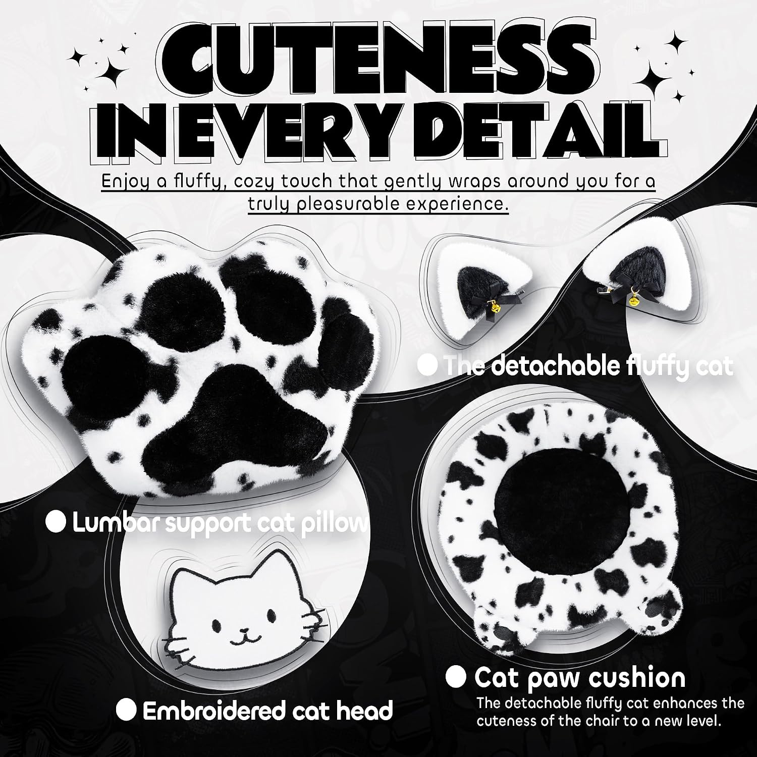 Gaming Chair Cute with Cat Ears Paw Lumbar and Cushion,Ergonomic Computer Chair with Footrest,Reclining PC Game Chair for Girl Computer Chair 300lbs for Adult Black White