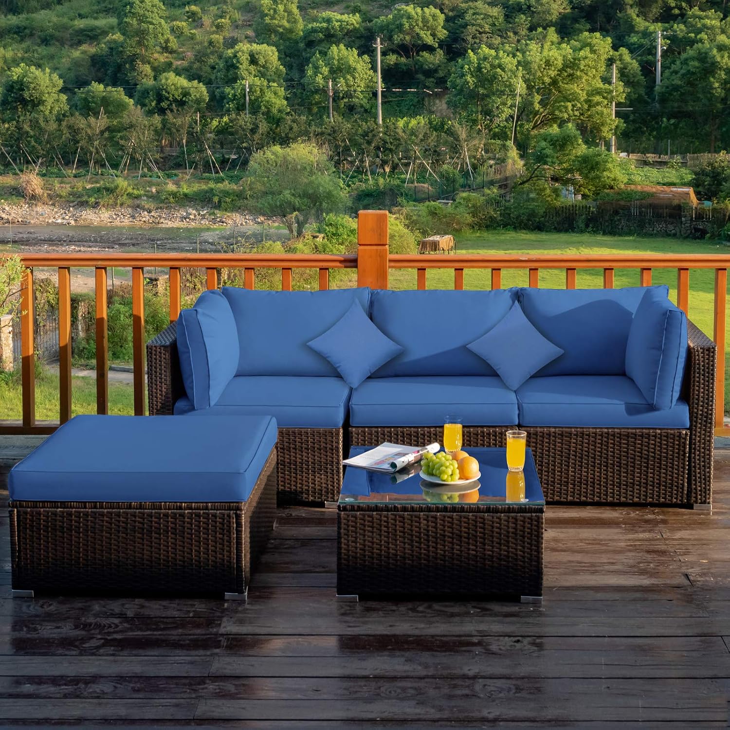 COSTWAY 5-Piece Outdoor Patio Furniture Set, Glass Top Coffee Table and Lounge Sofa with Cushions, PE Rattan Conversation Set for Garden, Deck, Backyard (Navy)