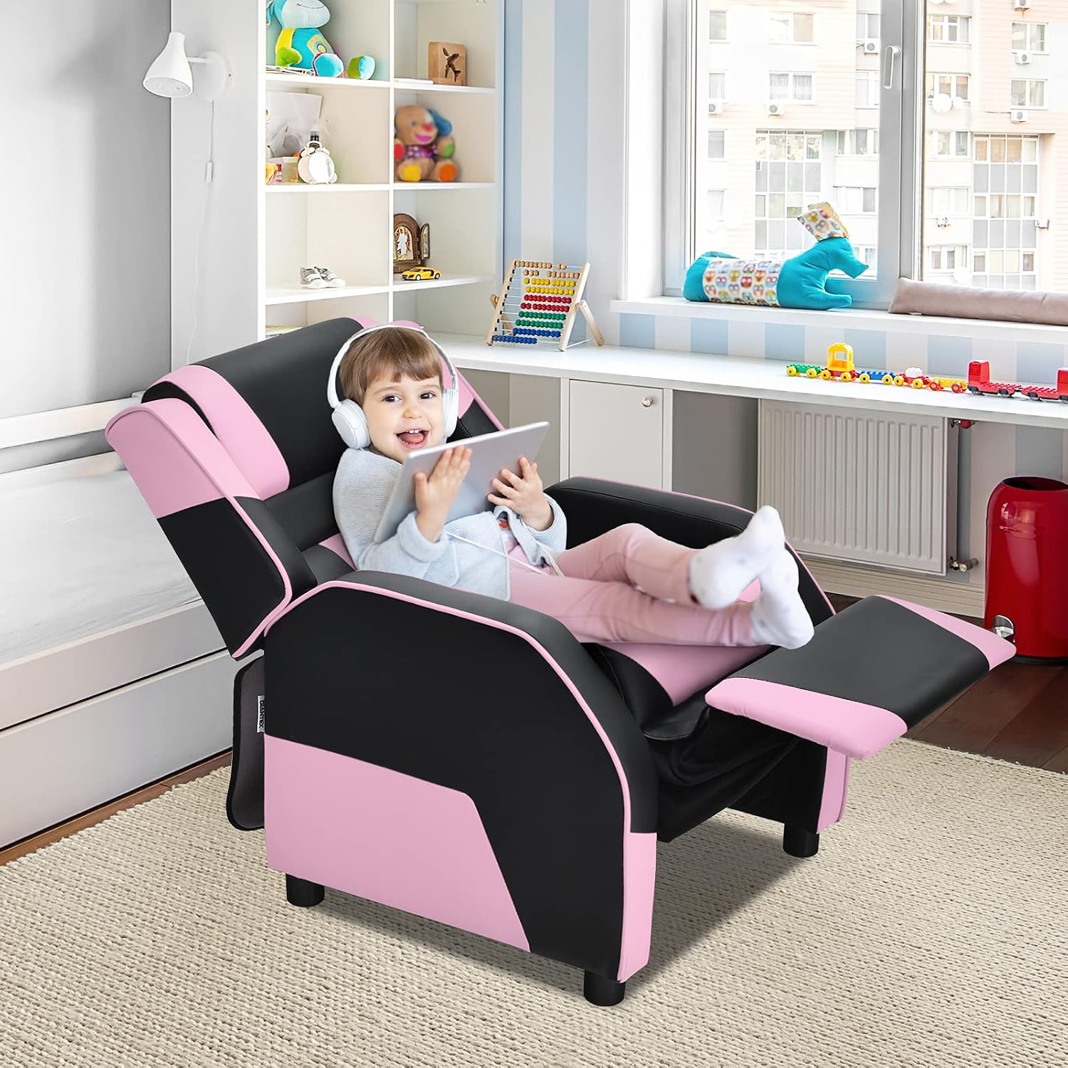 Giantex Kids Recliner, Gaming Recliner Chair with Footrest, Headrest & Lumbar Support, Ergonomic Leather Lounge Chair Toddler Furniture, Adjustable Racing Style Recliner Sofa for Boys Girls, Pink