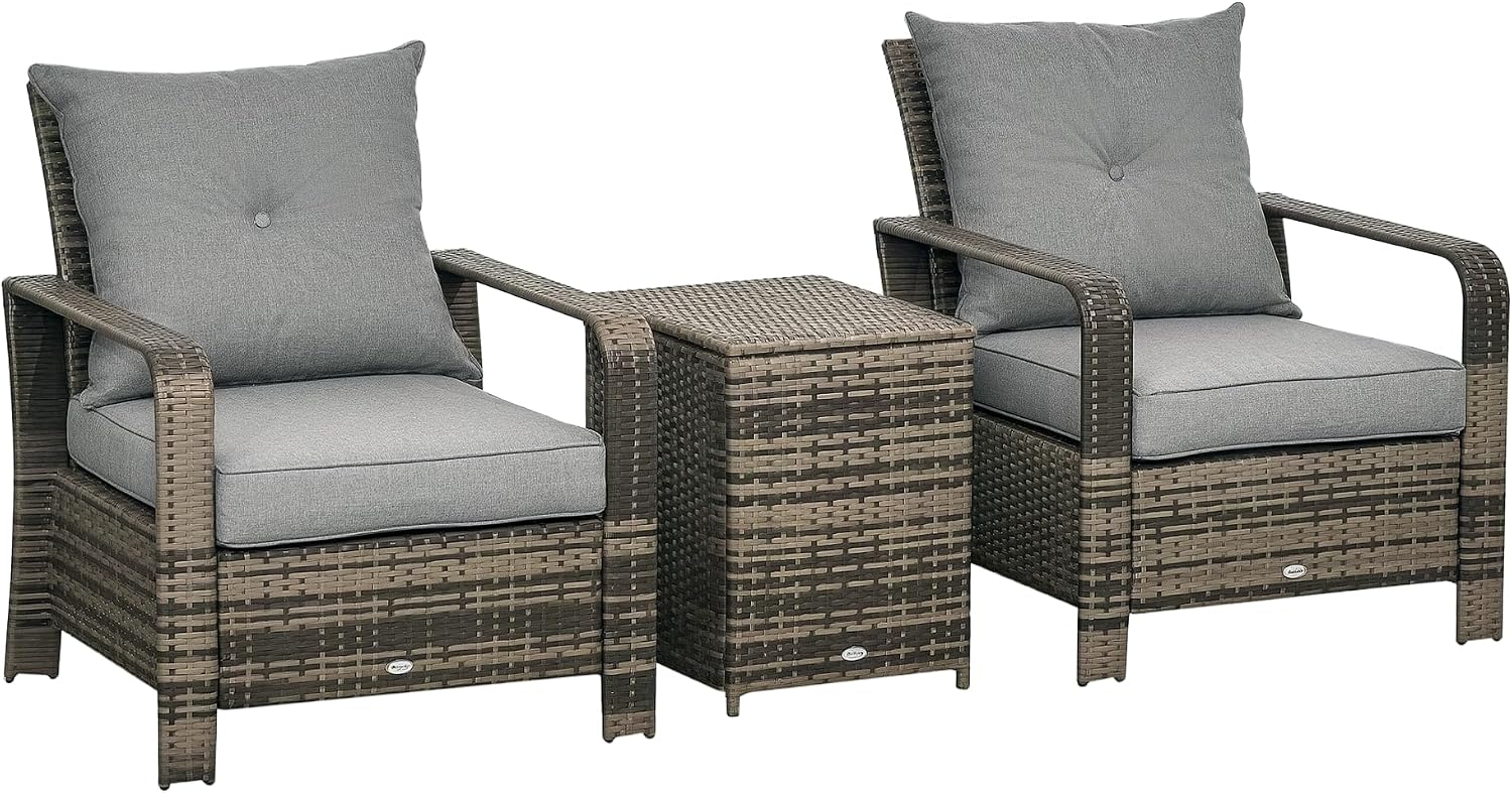 Outsunny 3 Piece Patio Furniture Set, PE Rattan Wicker Storage Table and Chairs w/Tufted Cushions for Outdoor Garden, Backyard, Poolside, Balcony, Gray