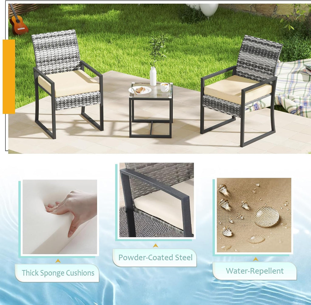 3 Pieces Patio Furniture Set,Wicker Rattan Chairs for Garden Backyard Balcony Porch Poolside, Set with Glass Table and Soft Cushions (Gray+Beige)