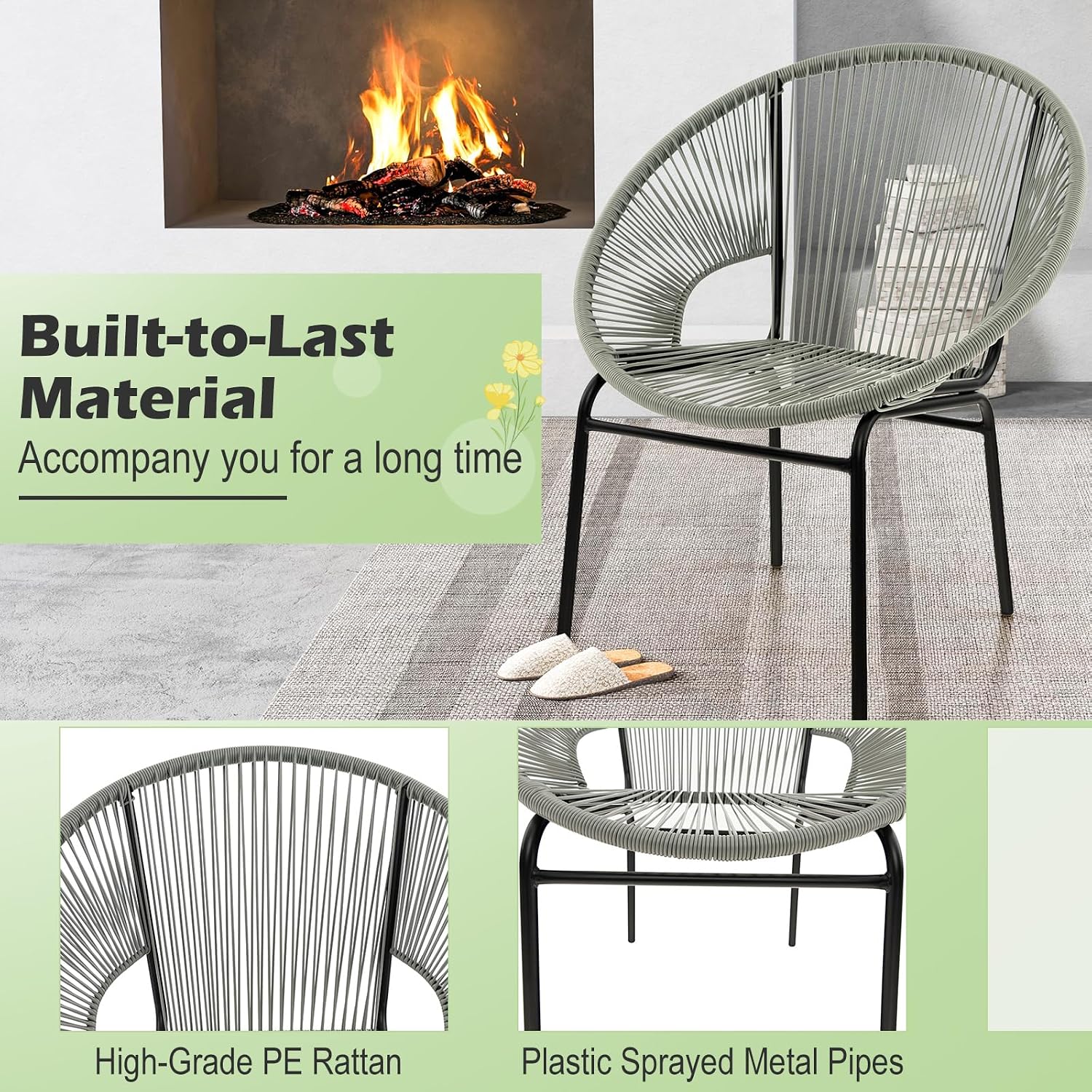 Tangkula 3 Piece Outdoor Patio Furniture Set, Acapulco Chair Set w/Plastic Rope, Tempered Glass Table, All Weather Patio Bistro Set for Patio, Lawn, Garden, Backyard (Grey)
