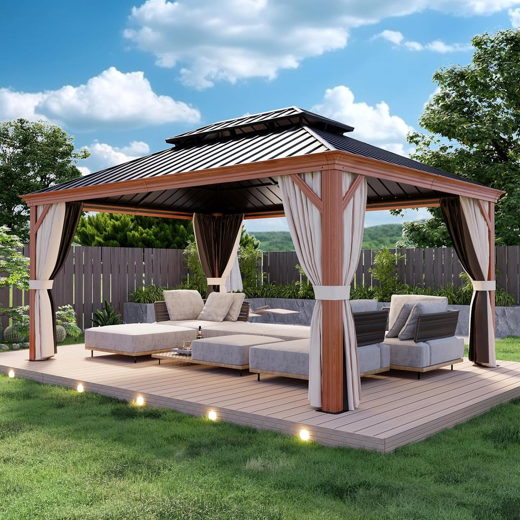 COOS BAY 12x16 Hardtop Gazebo, Wood Grain Aluminum Frame with Galvanized Steel Double Roof, Outdoor Pavilion with Netting and Curtains, Wood Grain/Black
