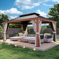 COOS BAY 12x16 Hardtop Gazebo, Wood Grain Aluminum Frame with Galvanized Steel Double Roof, Outdoor Pavilion with Netting and Curtains, Wood Grain/Black