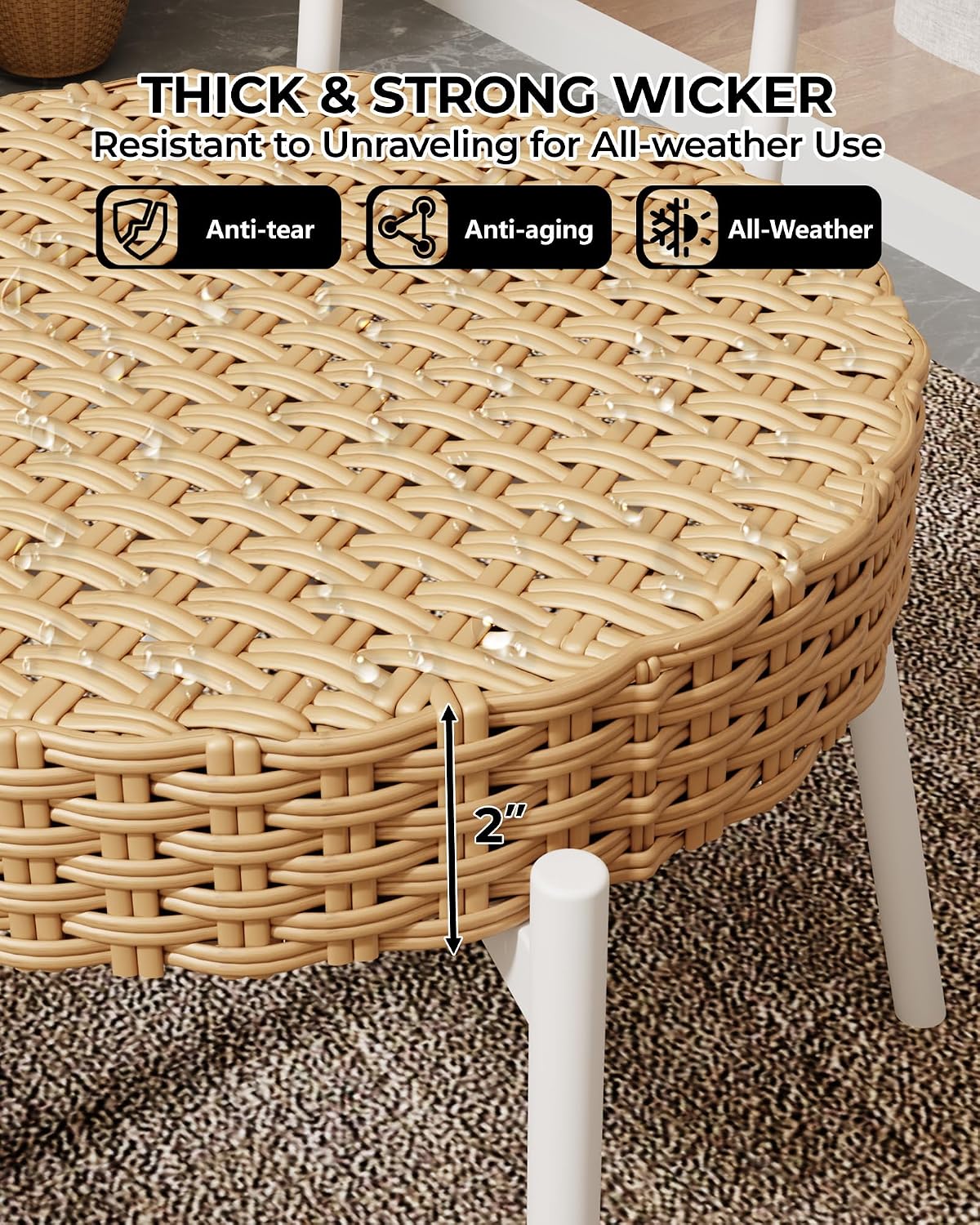 3 Piece Wicker Patio Bistro Furniture Set, Outdoor Dining Chairs, Includes 2 Rattan Chairs and Tempered Glass Table, for Garden, Backyard, Balcony, Apartment, White & Brown