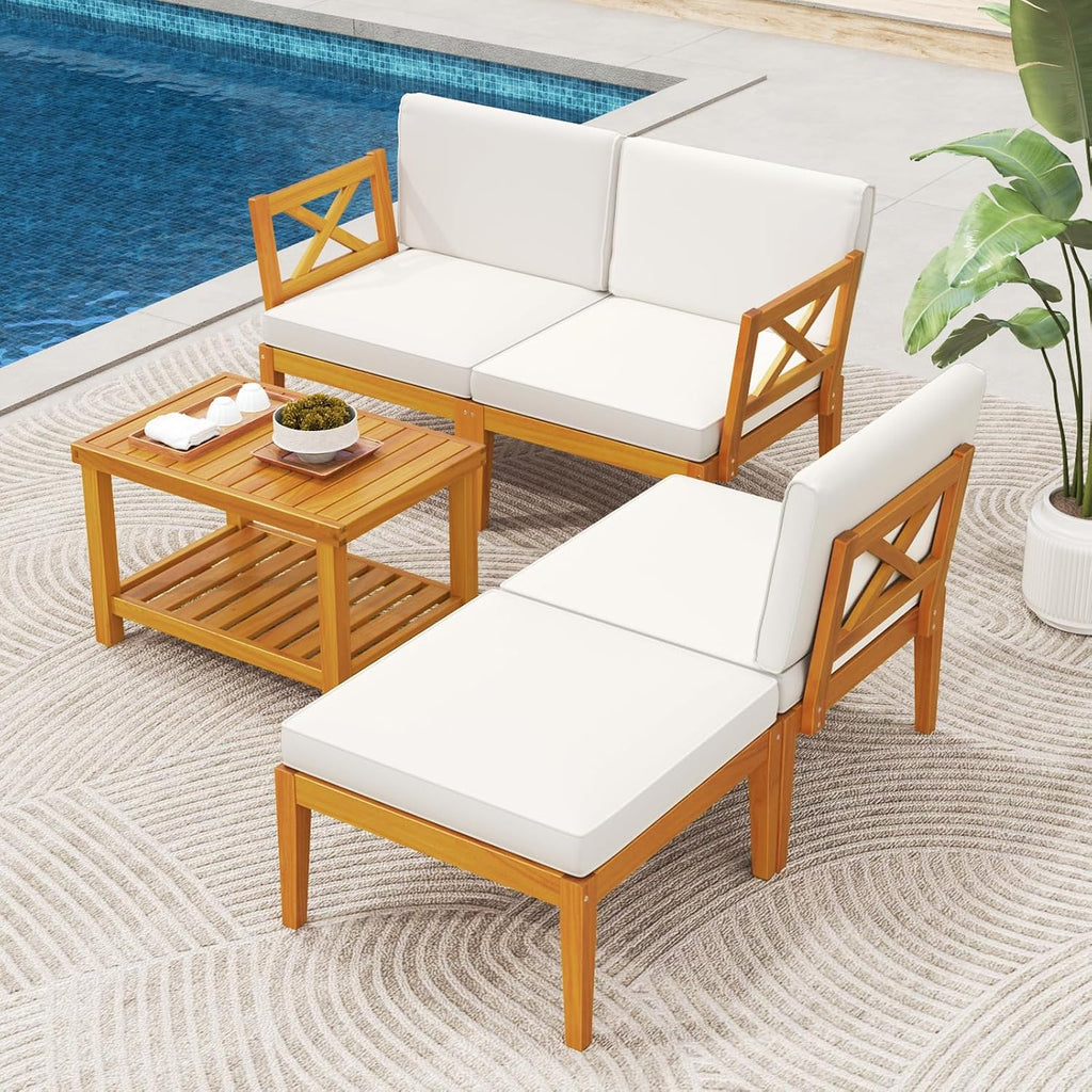 HAPPYGRILL 5 Pieces Acacia Wood Patio Furniture Set, Outdoor Sectional Couch with 2-Tier Coffee Table and Cushions, L Shaped Outdoor Conversation Set for Porch, Garden, Backyard