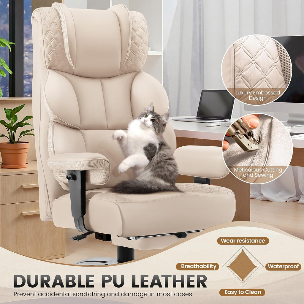 BestGlory Office Desk Chair, Big and Tall Leather Gaming Chair with Footrest, Wide Ergonomic Comfy Executive High-Back Reclining Computer Chairs, Swivel Rolling Wheels and Padded Lumbar Support, Beige