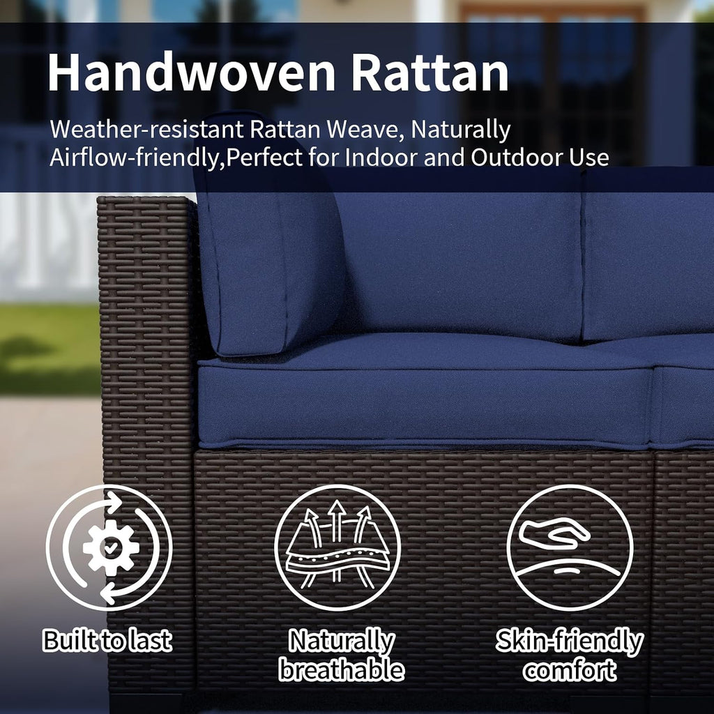 Patio Furniture Set (Dark Brown Rattan & Dark Blue Cushions, 7 Pieces)