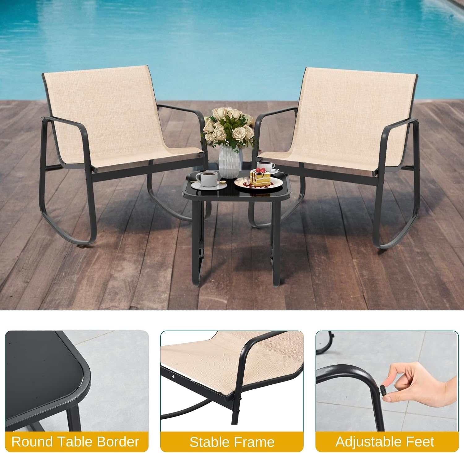 DWVO Brown 3-Piece Patio Bistro Set, Outdoor Textilene Furniture with 2 Rocking Chairs and Coffee Table for Backyard Lawn Garden Balcony Poolside