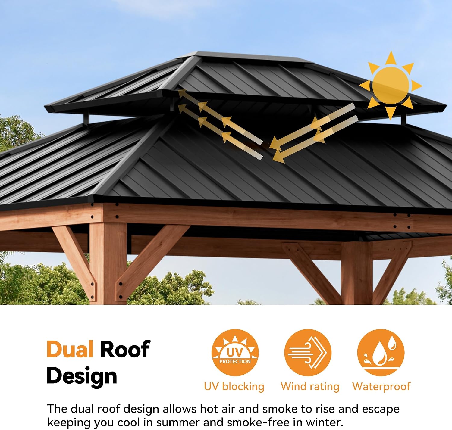 Modern Shade Rosewood Wood Gazebo 10' x 12', Hardtop Gazebo Permanent with Double Galvanized Steel Roof, Cedar Outdoor Gazebo with Sturdy Hooks for Garden, Backyard, Patio, and Deck