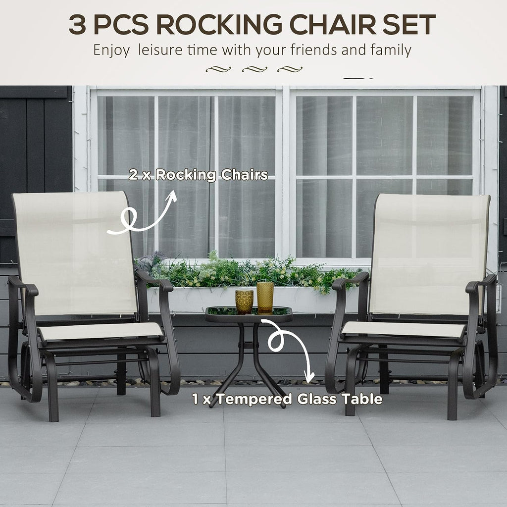 Outsunny 3-Piece Outdoor Gliders Set, Bistro Table and Chairs with Steel Frame, Tempered Glass Top Table for Patio, Garden, Backyard, Lawn, Cream White