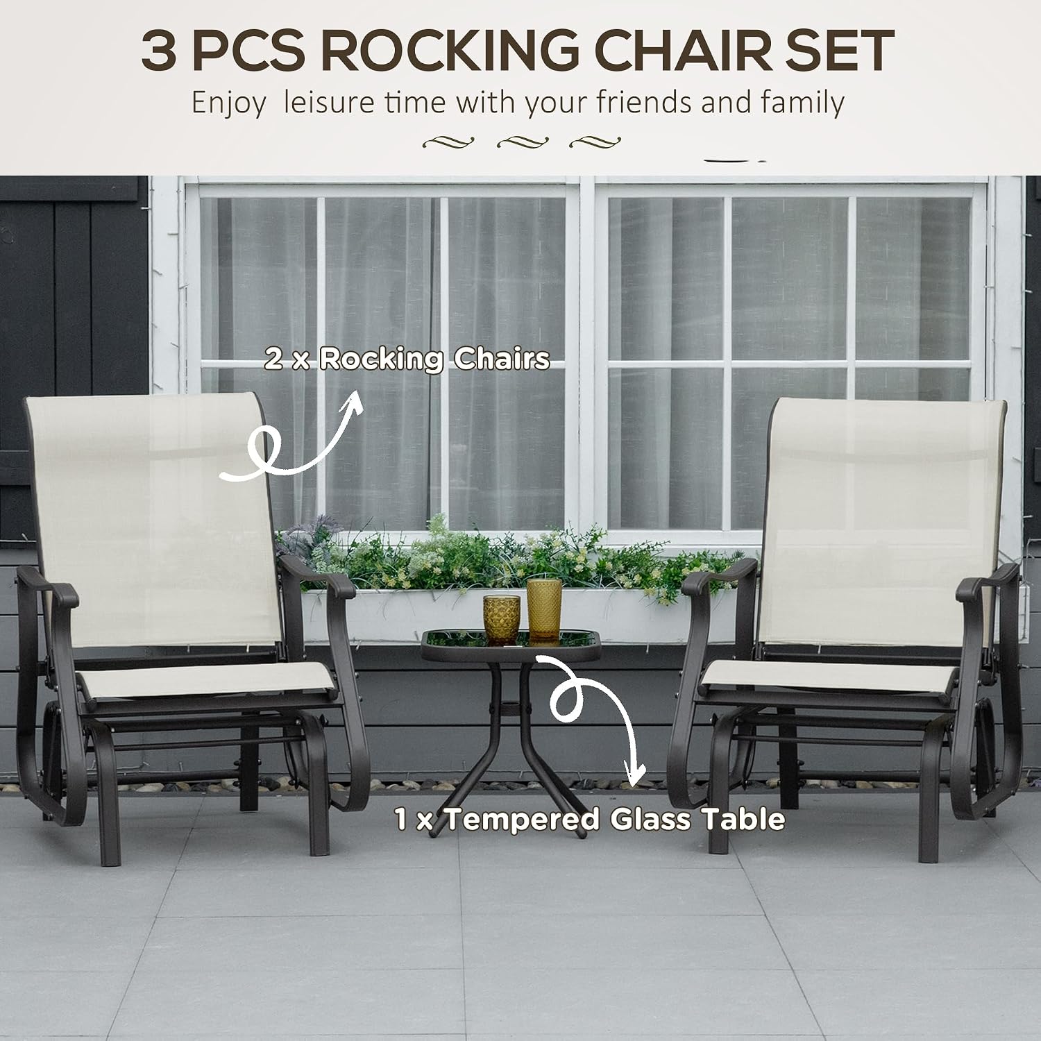 Outsunny 3-Piece Outdoor Gliders Set, Bistro Table and Chairs with Steel Frame, Tempered Glass Top Table for Patio, Garden, Backyard, Lawn, Cream White