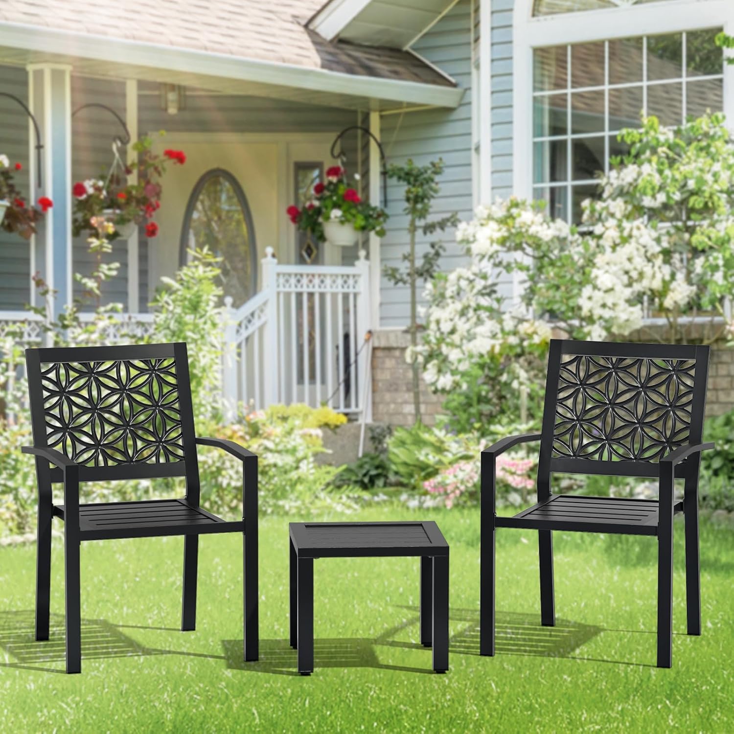 VINGLI 3-Piece Outdoor Bistro Set, Stackable Modern Metal Steel Table and Chairs with Rust-Resistant Coating, Small Patio Furniture Conversation Set for Porch, Deck, Balcony, Garden, Black