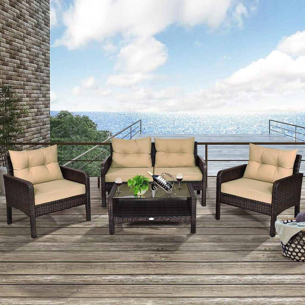 COSTWAY 4-Piece Patio Furniture Set, Sectional Wicker Rattan Sofa Chair with Cushion, Loveseat, Coffee Table with Tempered Glass and Shelf, Outdoor Conversation Sets for Poolside Porch (Brown)