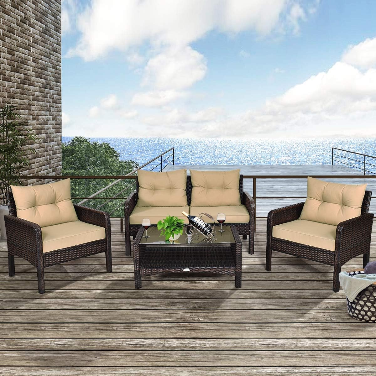 COSTWAY 4-Piece Patio Furniture Set, Sectional Wicker Rattan Sofa Chair with Cushion, Loveseat, Coffee Table with Tempered Glass and Shelf, Outdoor Conversation Sets for Poolside Porch (Brown)