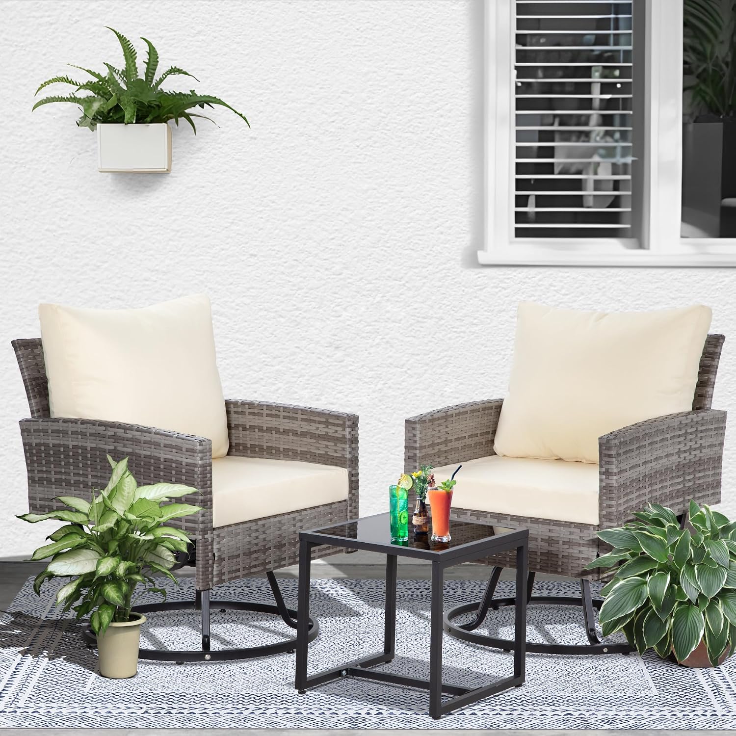 FHFO Outdoor Swivel Patio Chairs Set of 2, 3 Pieces Outdoor Wicker Apartment Balcony Furniture Sets with Thick Cushions,Rattan Table and Chairs Set of 2 Coffee Table for Porch Backyard-Beige