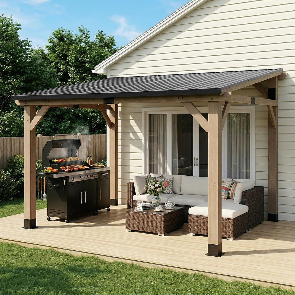 CHARMELEON 10x12 FT Cedar Wood Gazebo,Wooden Gazebo with 4.6in Thickened Posts&Sloped Galvanized Steel Roof,Permanent Hardtop Patio Pavilion for Outdoor, Patio, Backyard-Gray
