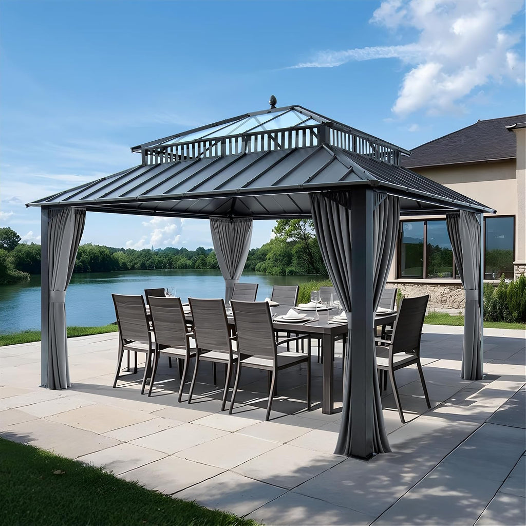 SUNJOY Kingston 14' x 12' Hardtop Gazebo with Galvanized Steel/Polycarbonate Double Roof, Curtain and Netting, Gray Aluminum Posts Permanent Pavilion Gazebo for Garden, Patio, Deck, Lawn