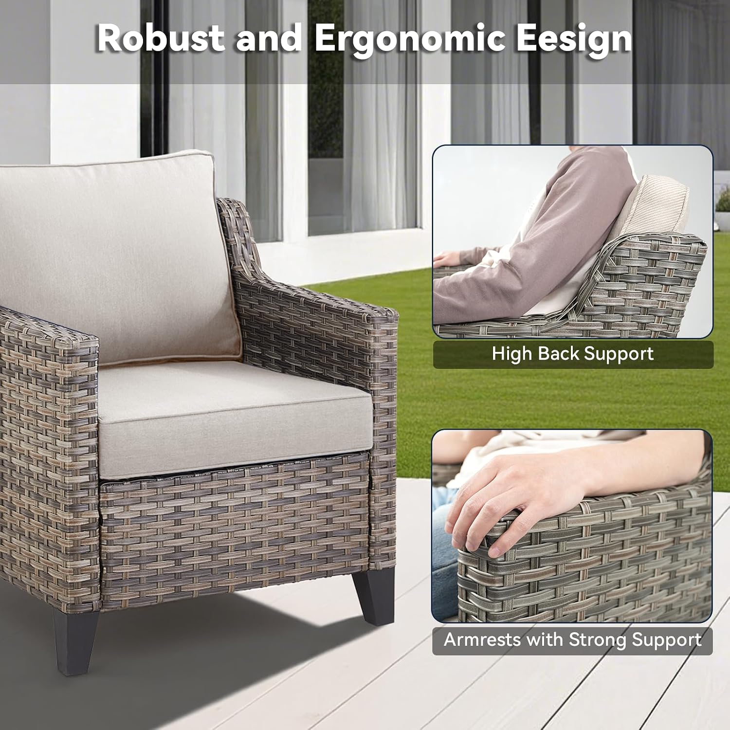 Patio Chairs Set of 2 - All Weather Rattan Wicker Outdoor Chairs with Thickened Cushions for Porch Deck Balcony Garden - Grey/Beige