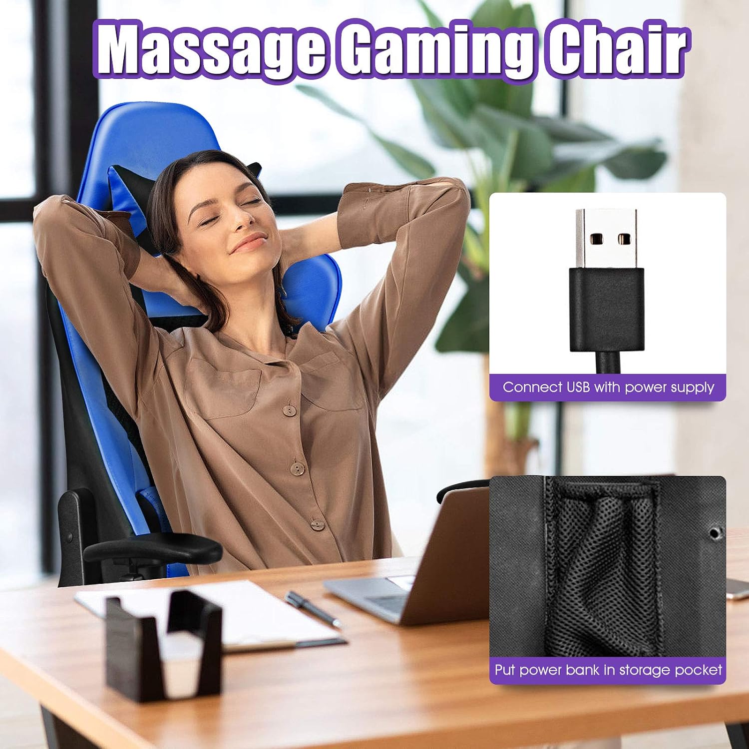 Giantex Massage Gaming Chair, Ergonomic Video Game Chair with Footrest, High Back E-Sport Computer Chair with Headrest & Massager Lumbar Support, PU Leather Gaming Seat (Blue)