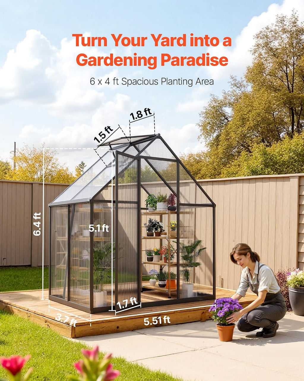 VEVOR 6 x 4 FT Polycarbonate Greenhouse, Heavy Duty Outdoor Green House with Adjustable Vent & Push-Pull Lockable Door, Quick Setup, Aluminum Frame Walk-in Greenhouse Sunroom for Outside Garden Lawn
