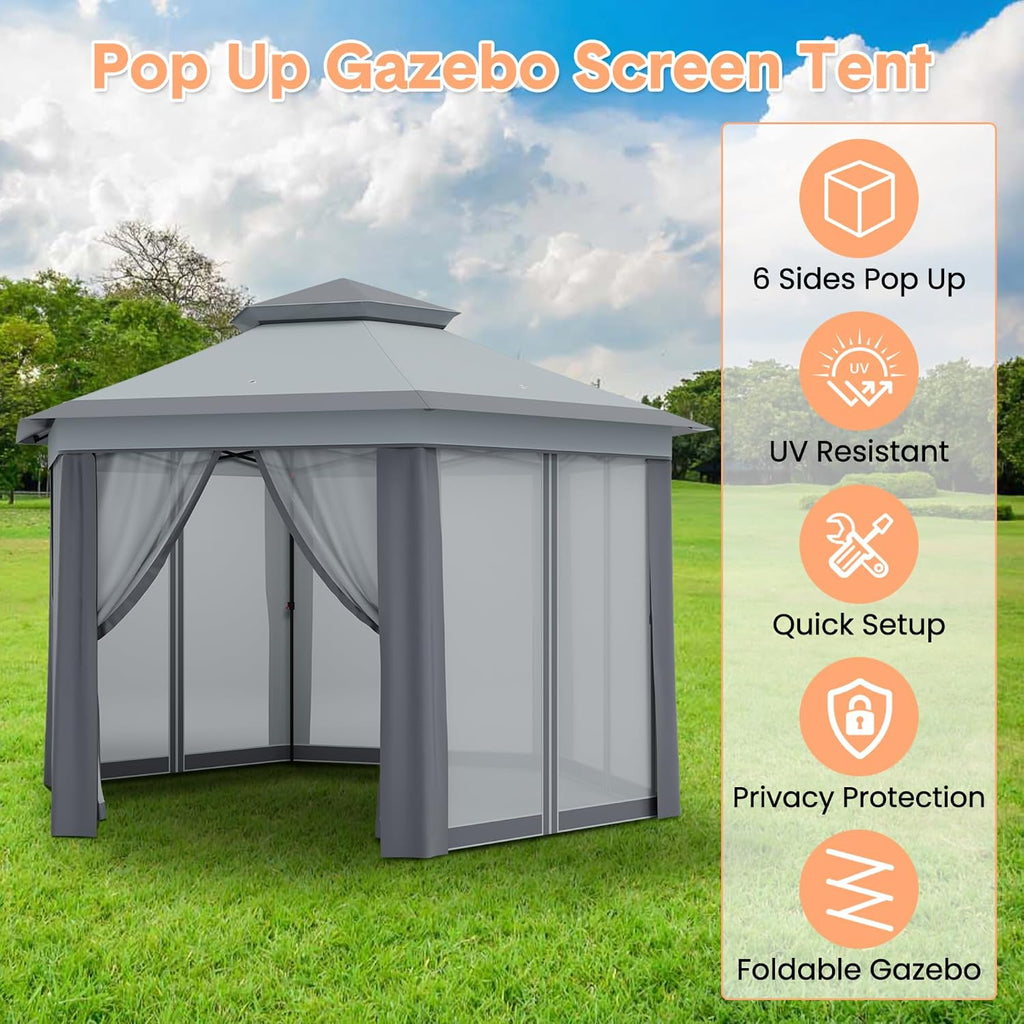 13x13FT Pop Up Gazebo Screen Tent,Hexagonal Instant Gazebo Tent with Mosquito Netting Outdoor Canopy,6 Sided Sun Shelter with Mesh Netting,Pavilion Tents for Lawn, Garden, Backyard & Patio Furniture