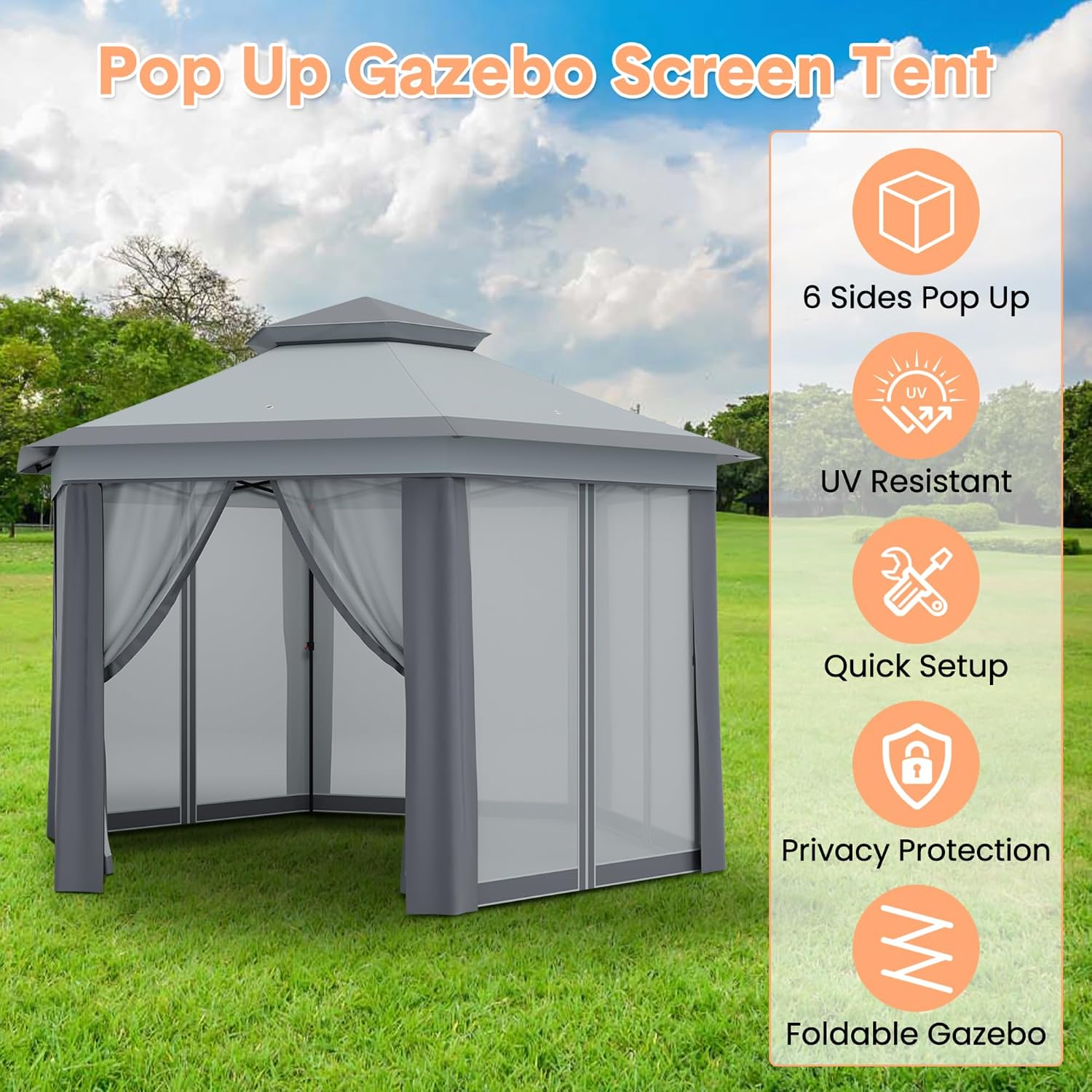 13x13FT Pop Up Gazebo Screen Tent,Hexagonal Instant Gazebo Tent with Mosquito Netting Outdoor Canopy,6 Sided Sun Shelter with Mesh Netting,Pavilion Tents for Lawn, Garden, Backyard & Patio Furniture