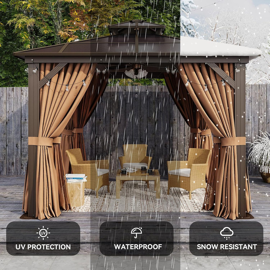 Aoxun 10'x10' Hardtop Gazebo, Outdoor Polycarbonate Double Top Canopy, Aluminum Frame Gazebo with Netting and Curtains, Sunshade for Patios, Gardens, Lawns