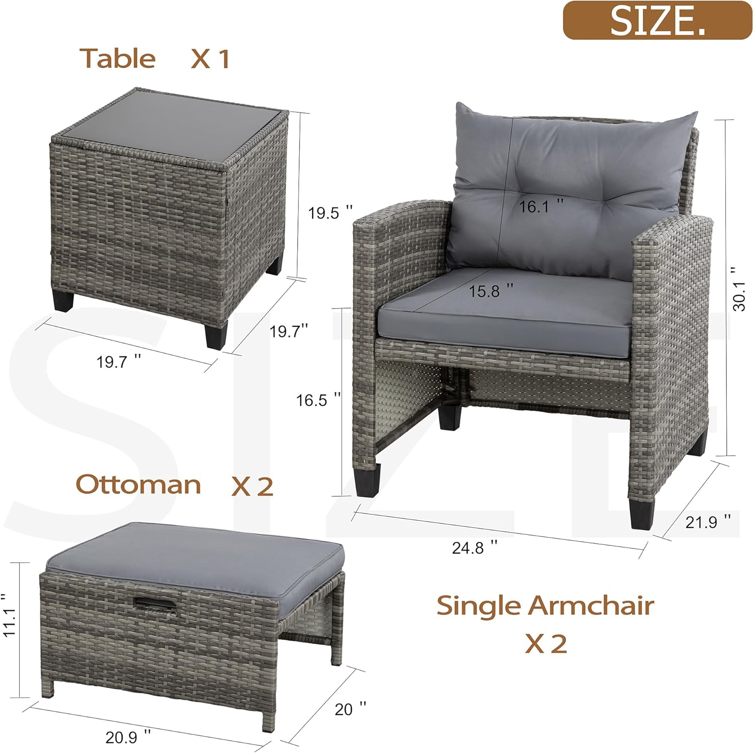 Vongrasig 5 Piece Patio Furniture Set, Small Balcony Furniture, PE Wicker Rattan Patio Chairs Set of 2, Outdoor Lounge Chairs with Cushions Ottomans &Glass Table for Porch Garden(Light Grey)