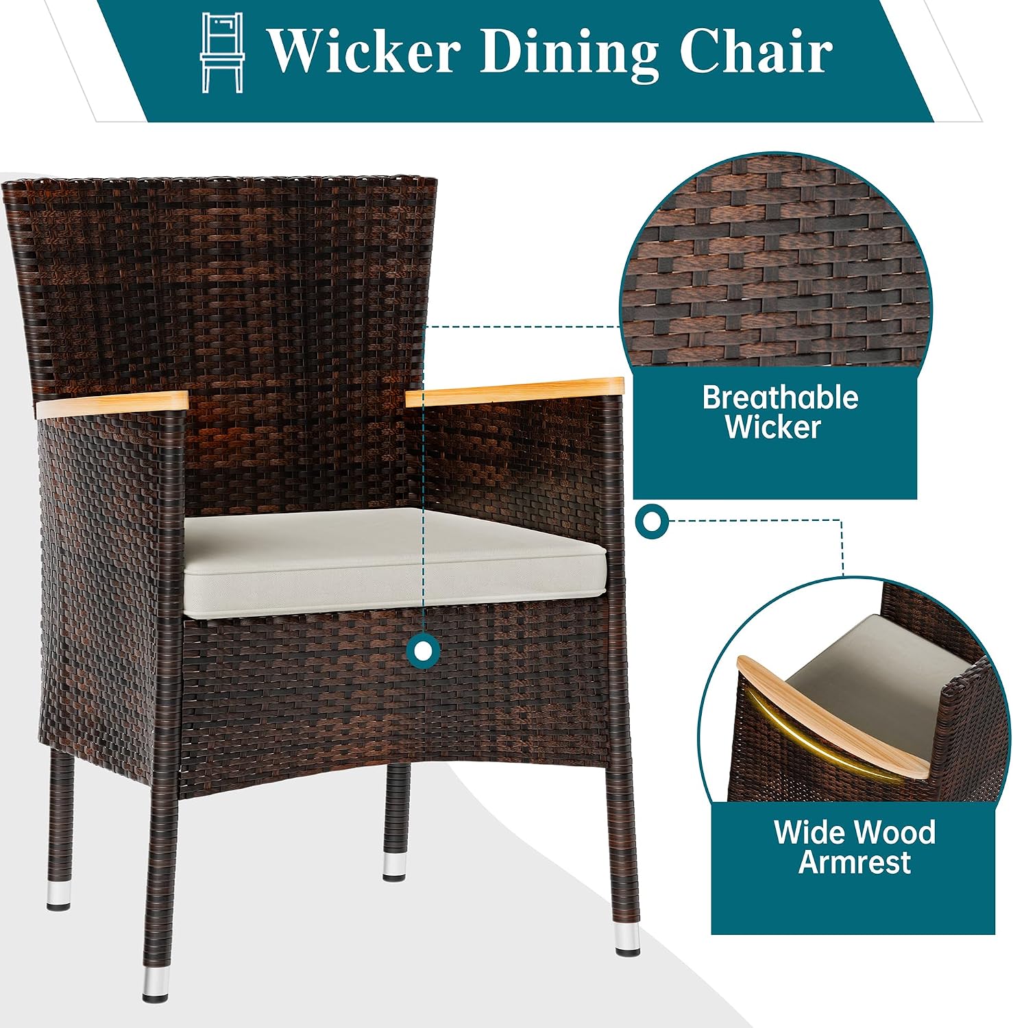 Shintenchi 5 PCS Patio Dining Set, Wicker Outdoor Table and Chairs with Soft Cushions, Patio Furniture Set with Wood Table Top for Backyard, Deck and Garden, Brown Rattan