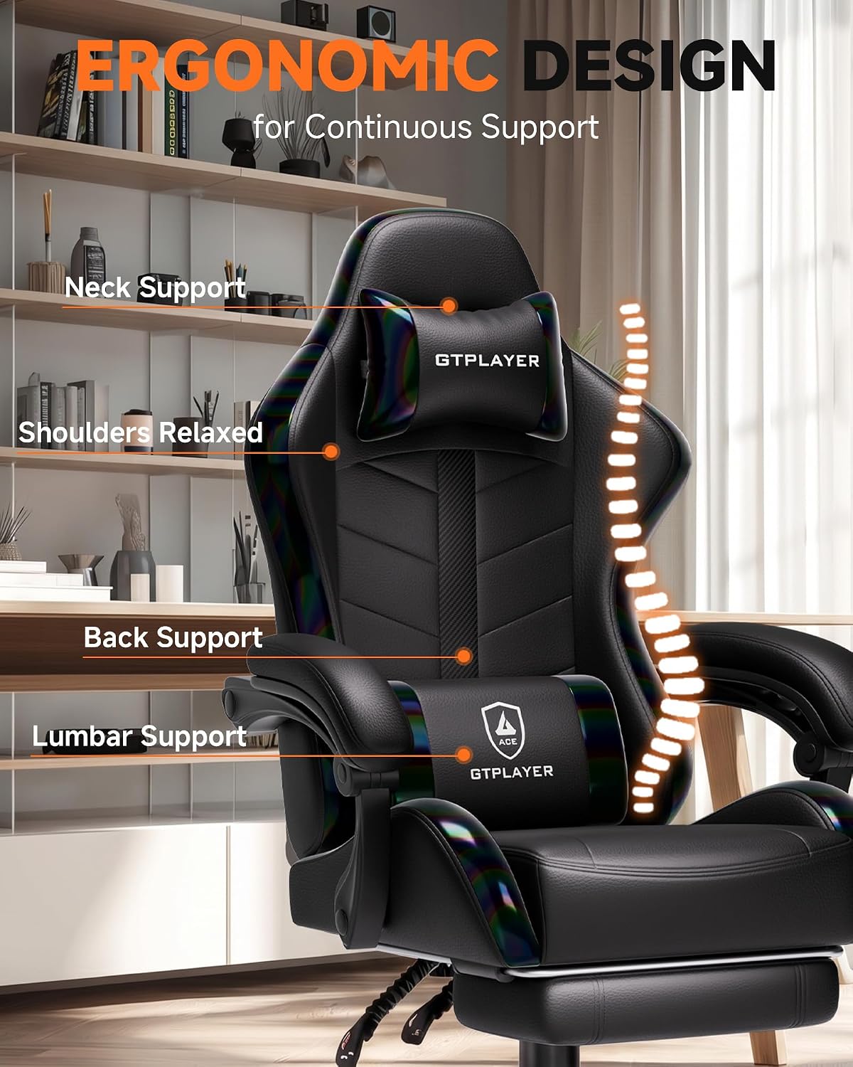GTPLAYER Gaming Chair with Footrest, Computer Gaming Chair for Adults and Kids, Height Adjustable Gamer Chair with 90-155° Recline & Removable Headrest Lumbar Support, 01 Iridescent Black